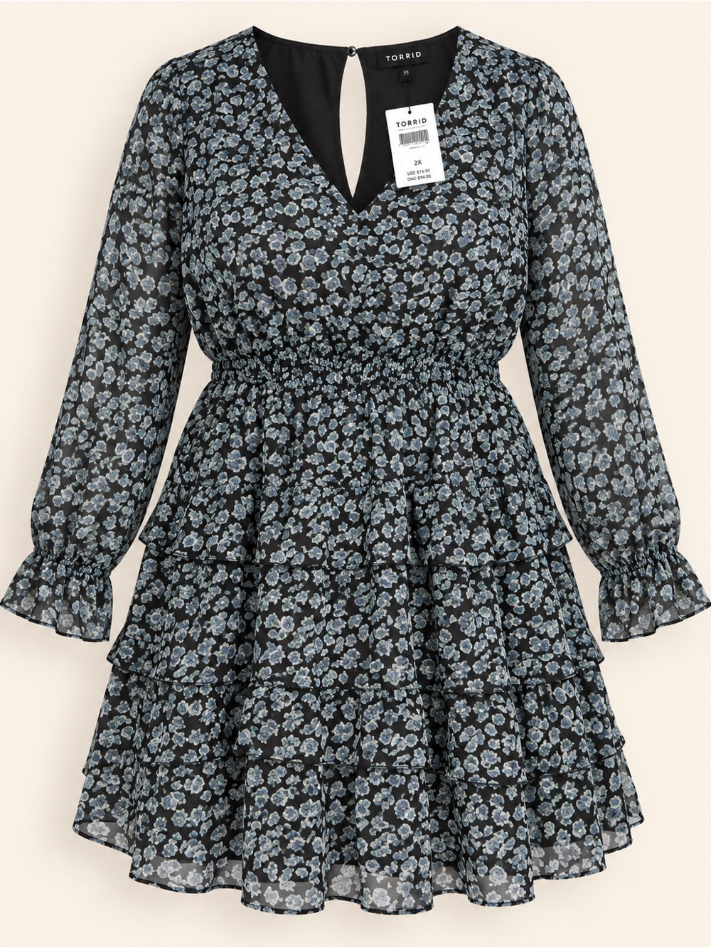 Torrid Black & Blue Floral Tiered Long-Sleeve Dress